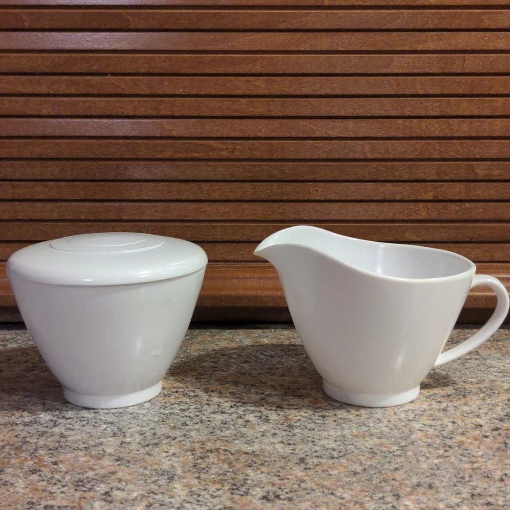 Vintage Melmac Set Sugar Lid Creamer Melamine White Pair Set Like new